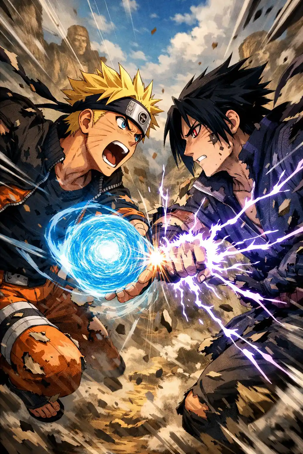 Two rival anime boys clash with elemental ninja powers
