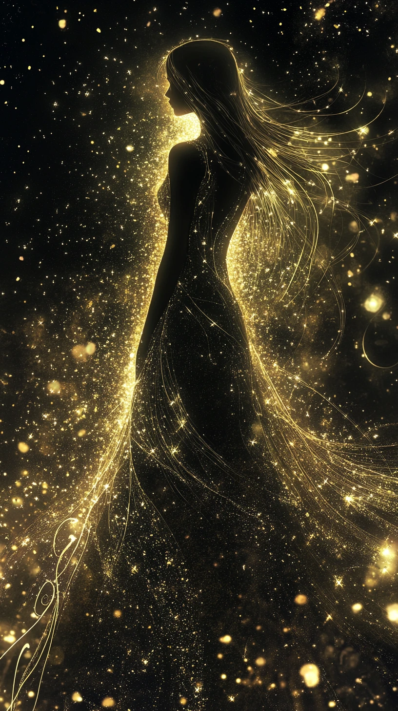 Glowing Ethereal Woman Silhouette In Cosmic Starry Darkness