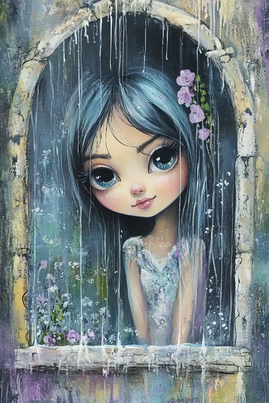 Chibi girl gazing through a rainy arched window
