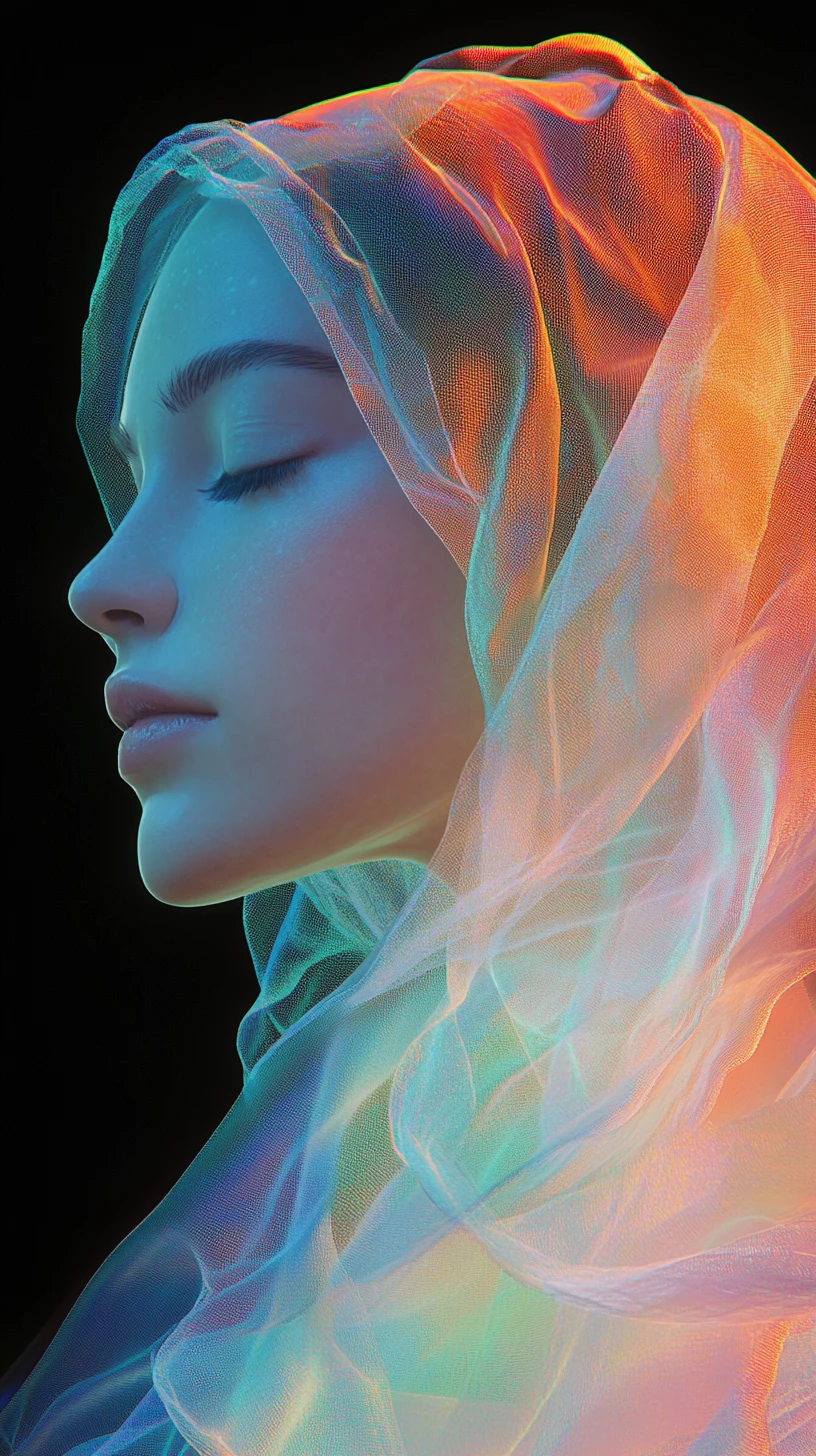 Neon veiled woman in serene three quarter profile portrait
