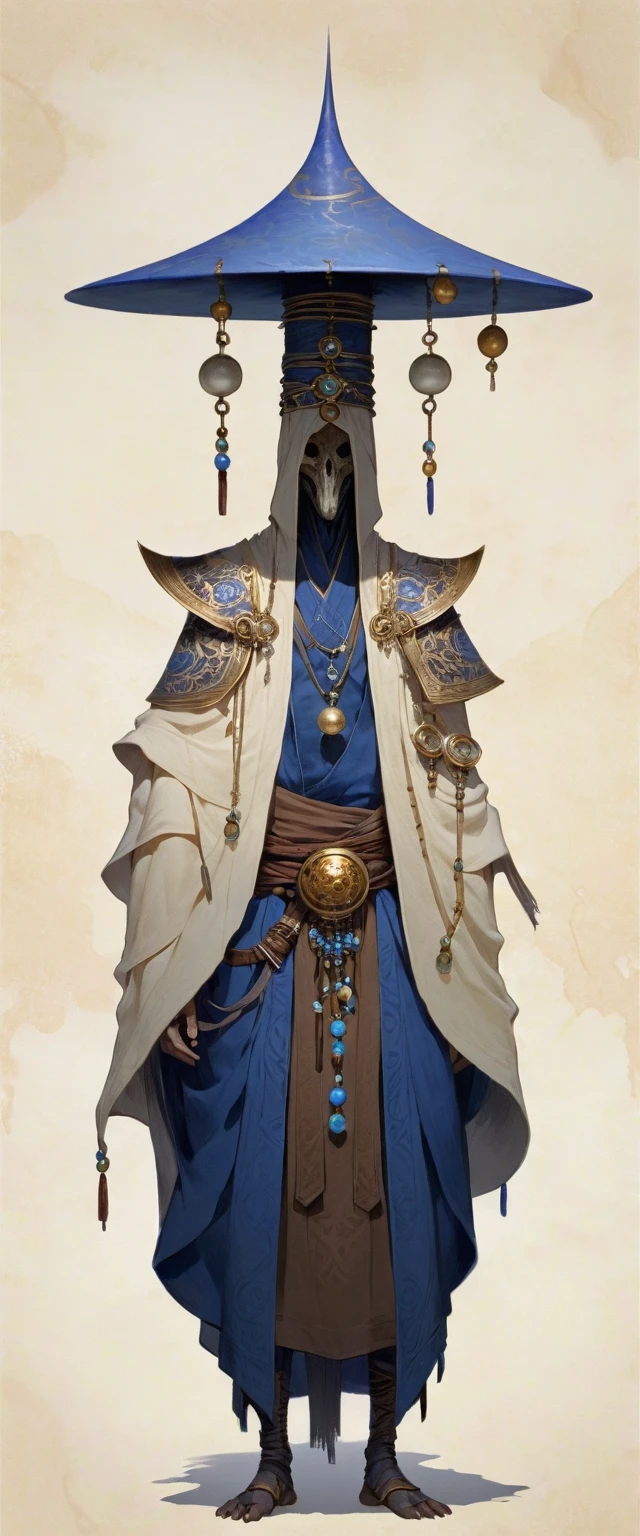 Tall robed occult figure with skull staff and glowing orbs