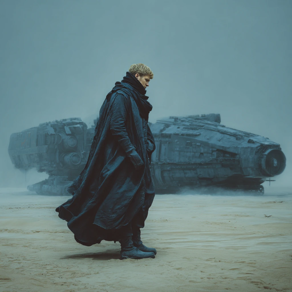Dark robed sci fi warrior woman in a cinematic cityscape