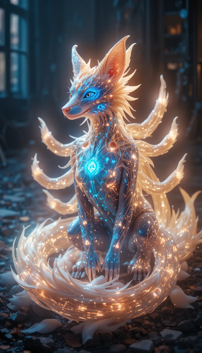 Cyberpunk fox spirit with neon holographic technology