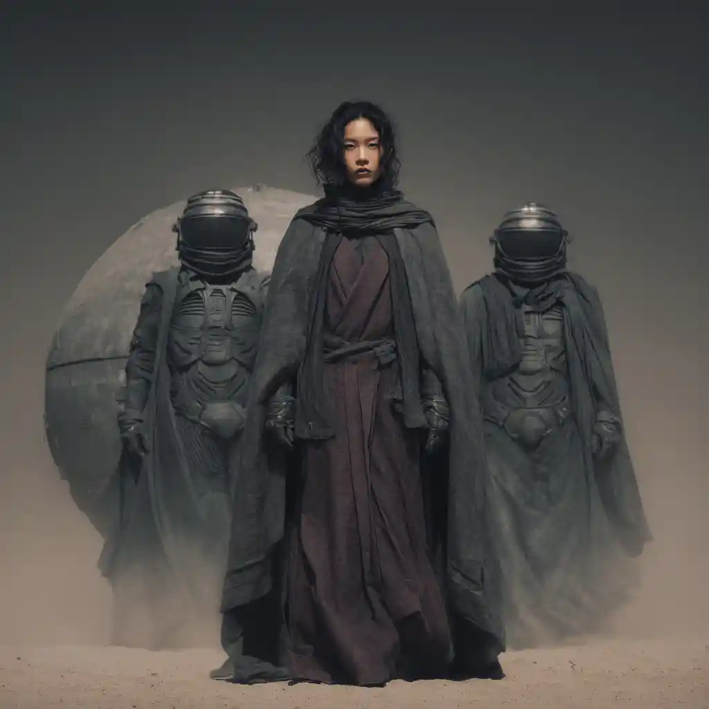 Principessa asiatica in abiti scuri su un lontano mondo sci‑fi
