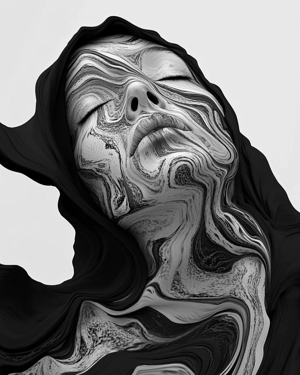 Retrato onírico de una mujer encapuchada entre patrones ondulantes