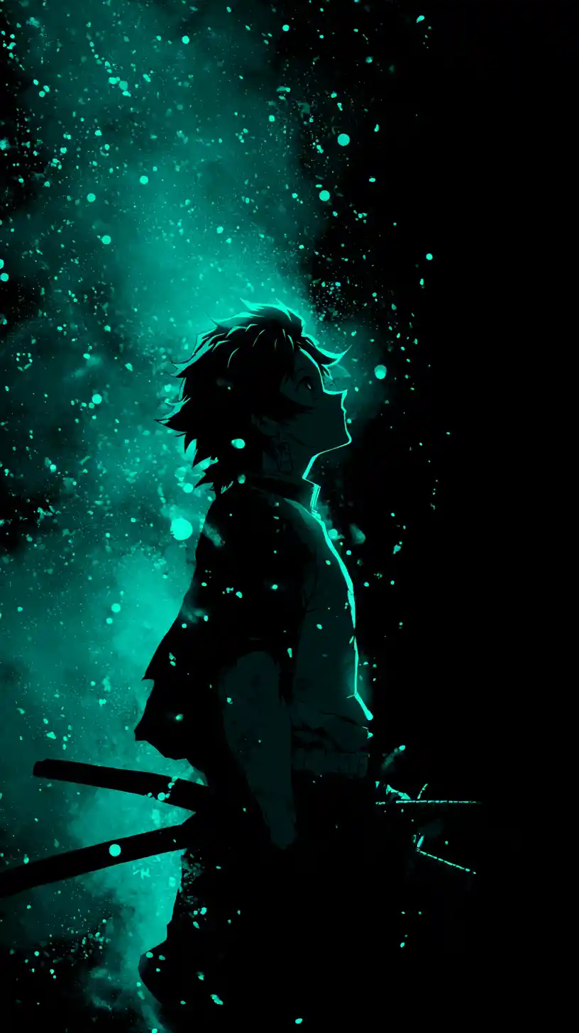 Anime swordsman in profile against glowing cosmic void