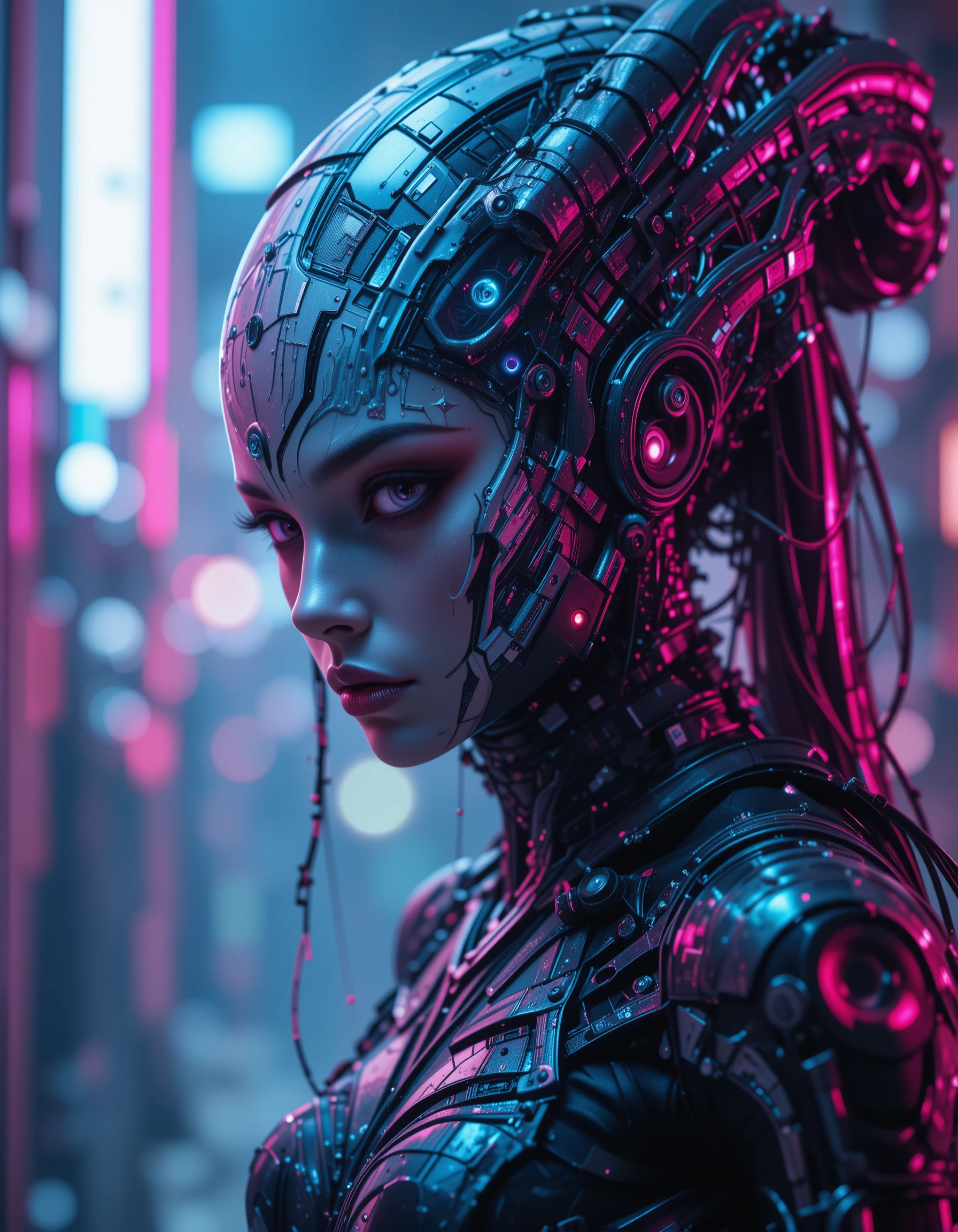 Furchtlose Alien-Kriegerin im Neon-Glanz der Cyberpunk-Stadt