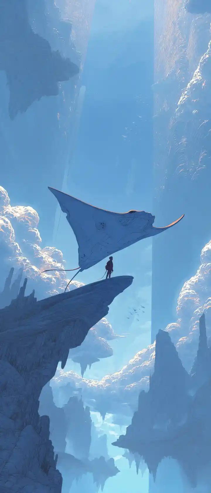 Sky nomad riding crystalline manta ray through cloud canyons