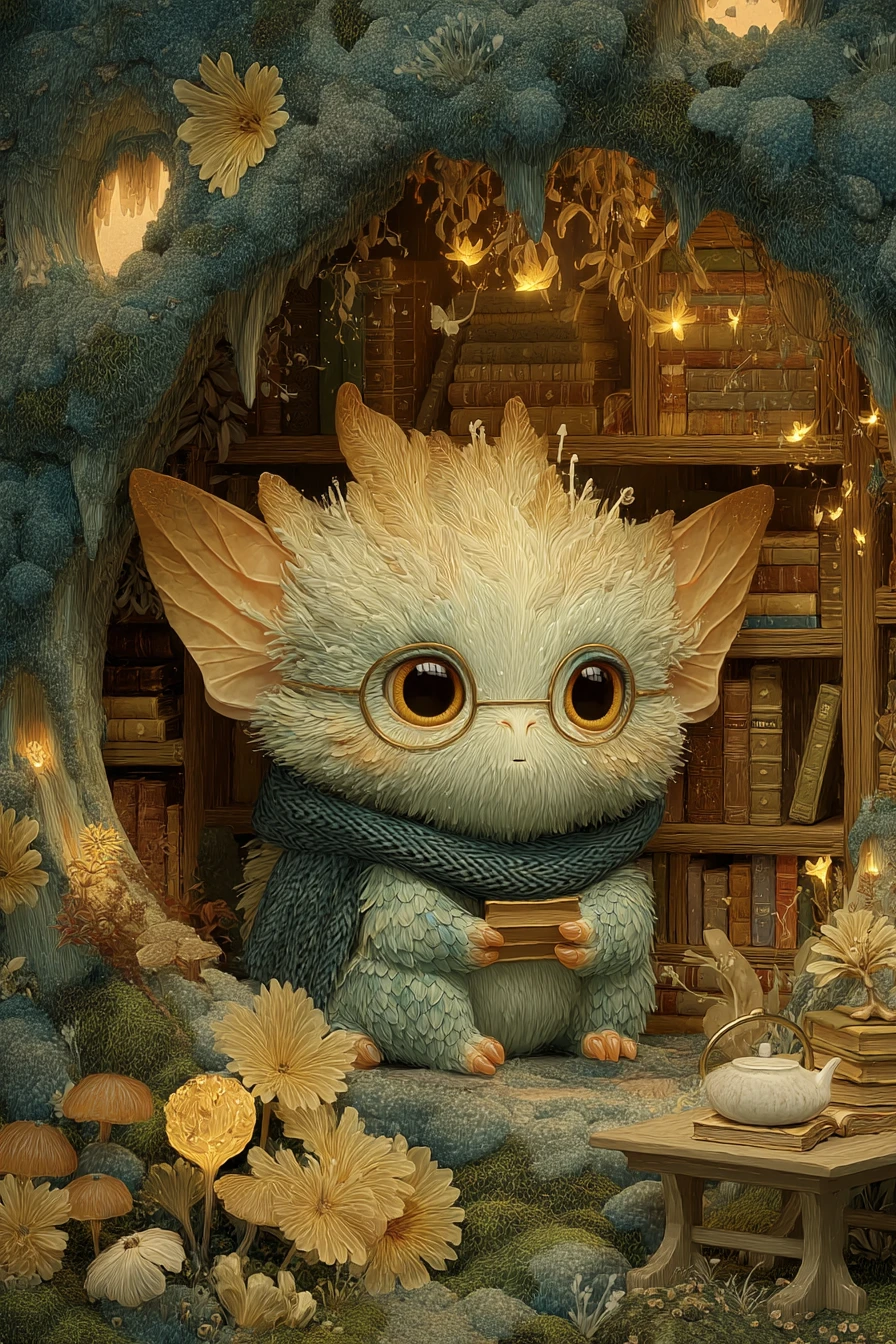 Dragon duveteux rangeant des livres dans une bibliothèque de champignons lumineux