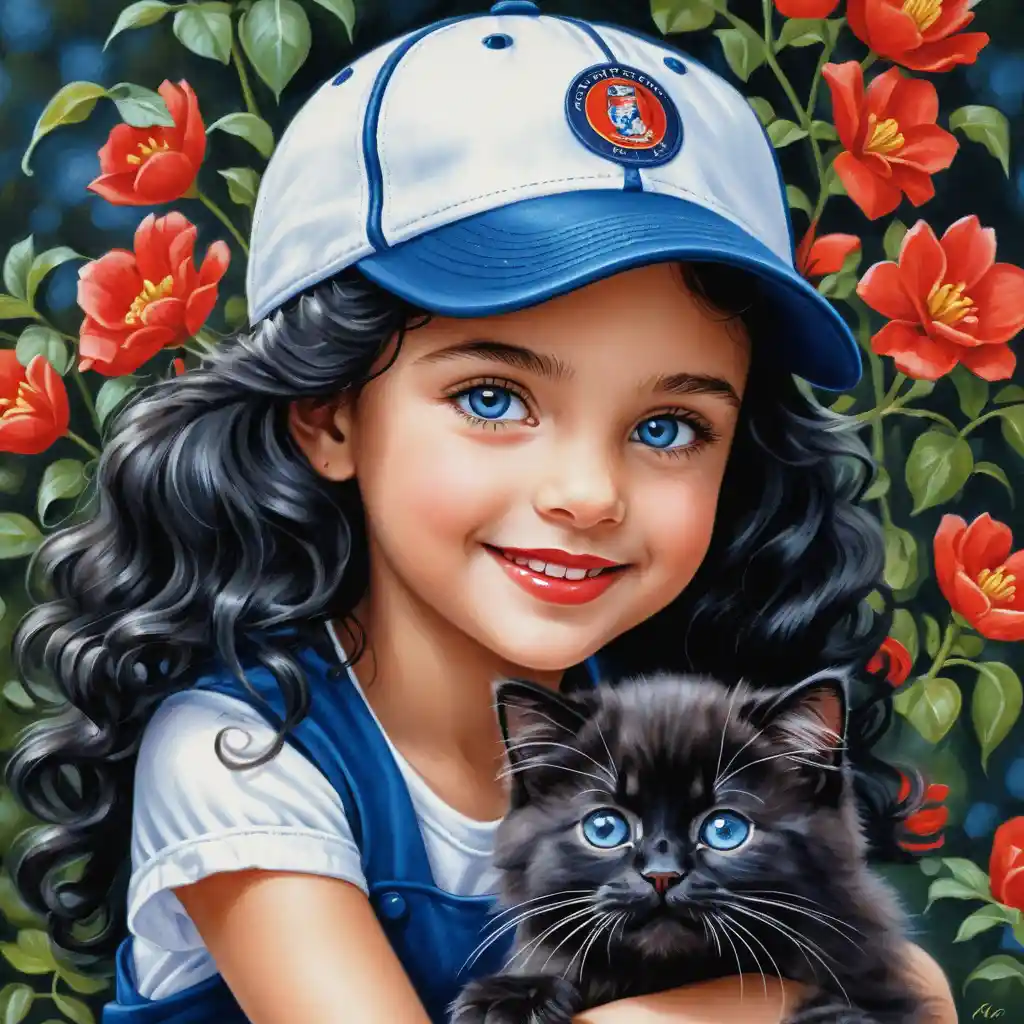 Smiling girl with kitten in a glossy cartoon pencil style