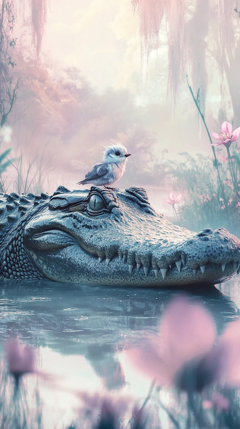 Peaceful crocodile resting in a marsh with tiny bird