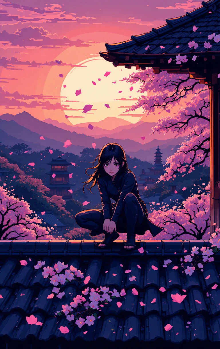 Chica ninja moe en un tejado japonés al atardecer