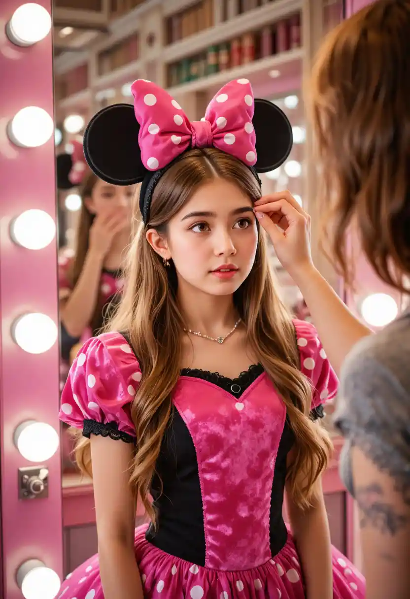 Boy in pink Minnie dress getting makeup in boutique backroom