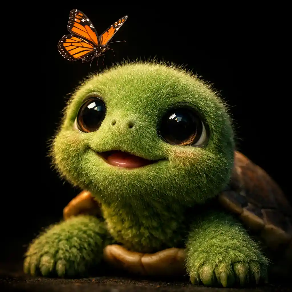 Süßes Baby-Schildkröte mit Schmetterling vor dunklem cineastischem Hintergrund