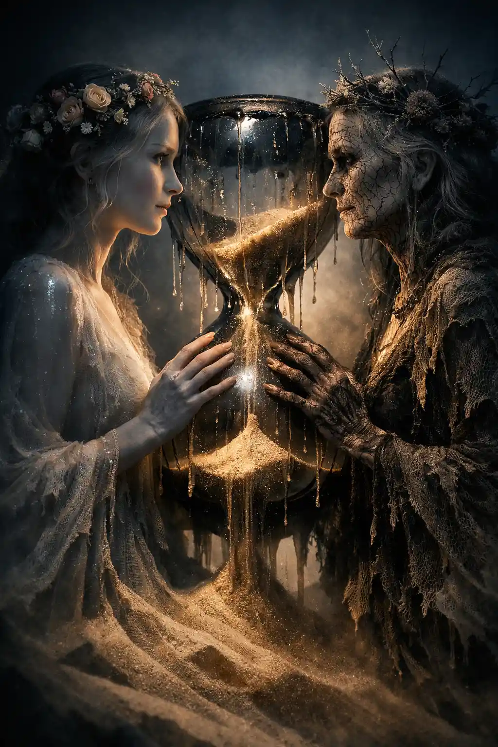 Ghostly twin women holding a melting hourglass