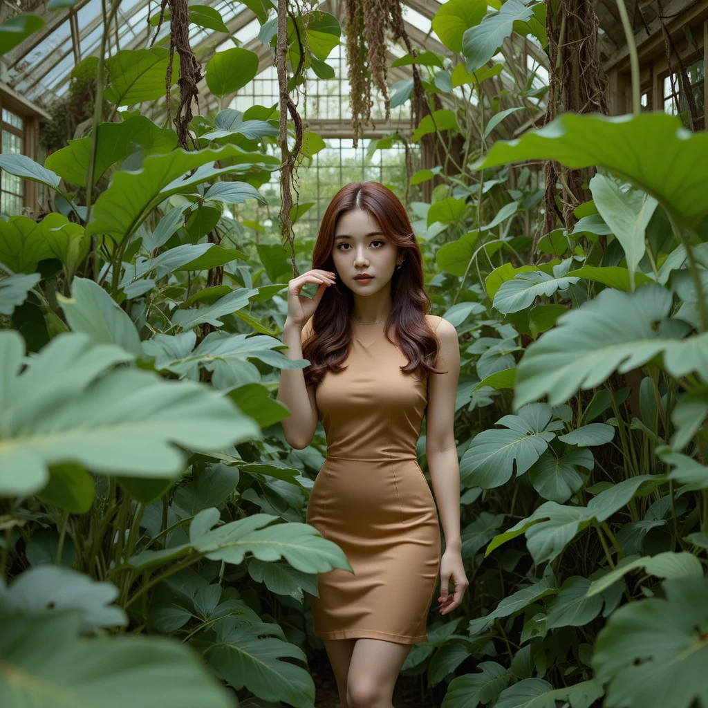 Korean student framed by lush leaves in an overgrown greenhouse