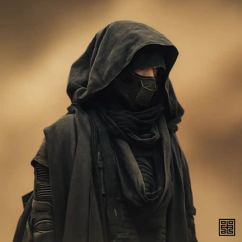 Dark robed ninja aboard a futuristic space frigate