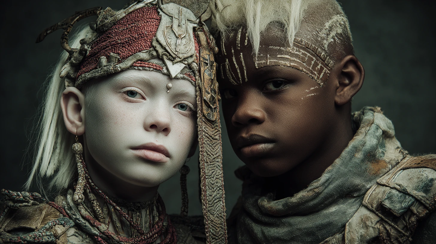 Cinematic portrait of an African albino girl in tribal headdress