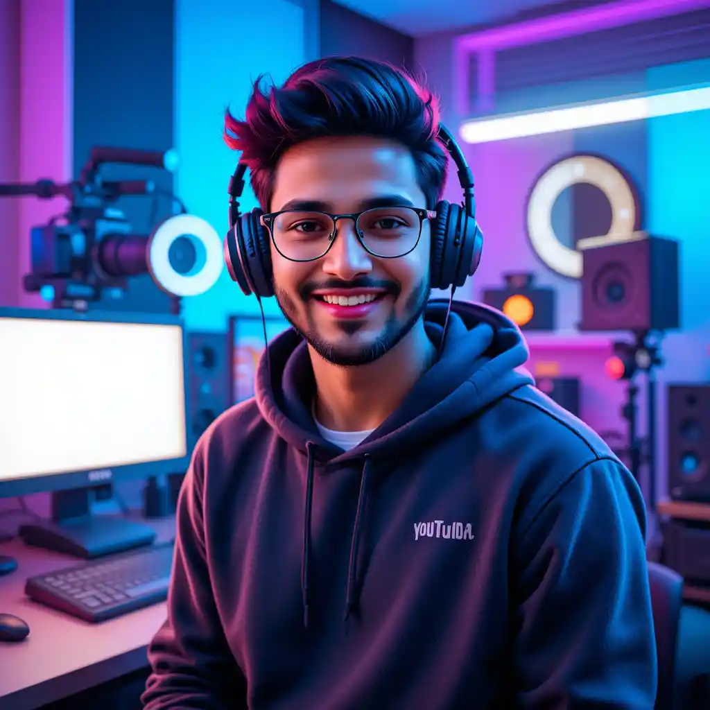Cheerful Indian male creator in colorful YouTube studio