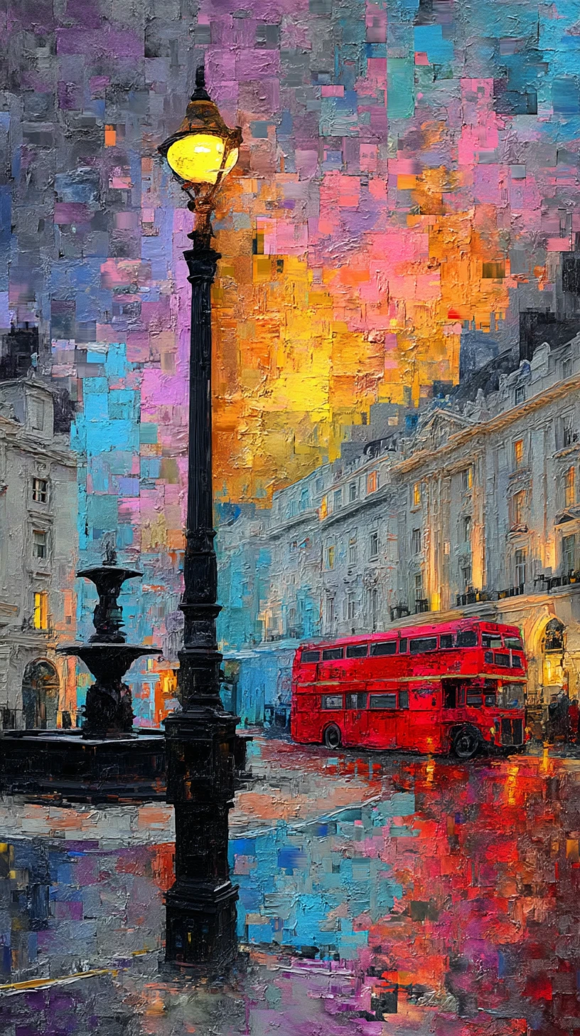 Impressionistische Nachtstadtstraße mit rotem Bus und Laterne