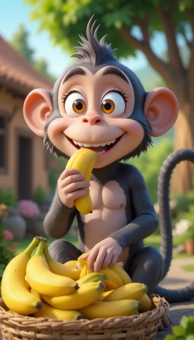 Scimmia dei cartoni animati che mangia banane accanto a un cesto in un villaggio