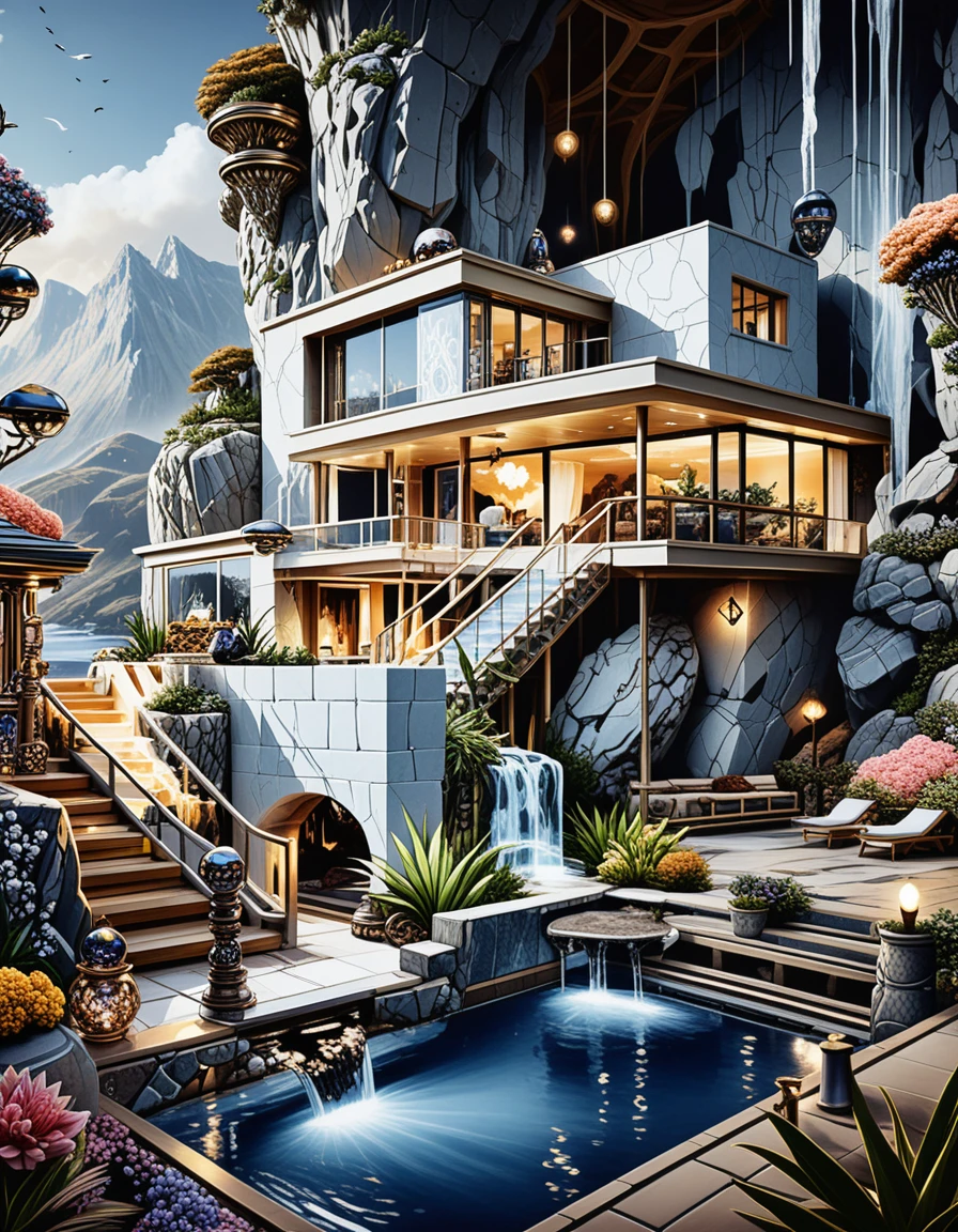 Luxury cave house nestled in a lush fantasy mountain landscape