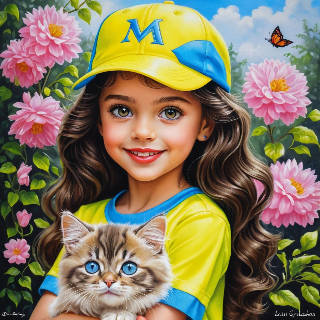 Smiling curly haired girl with kitten in bright spring outfit