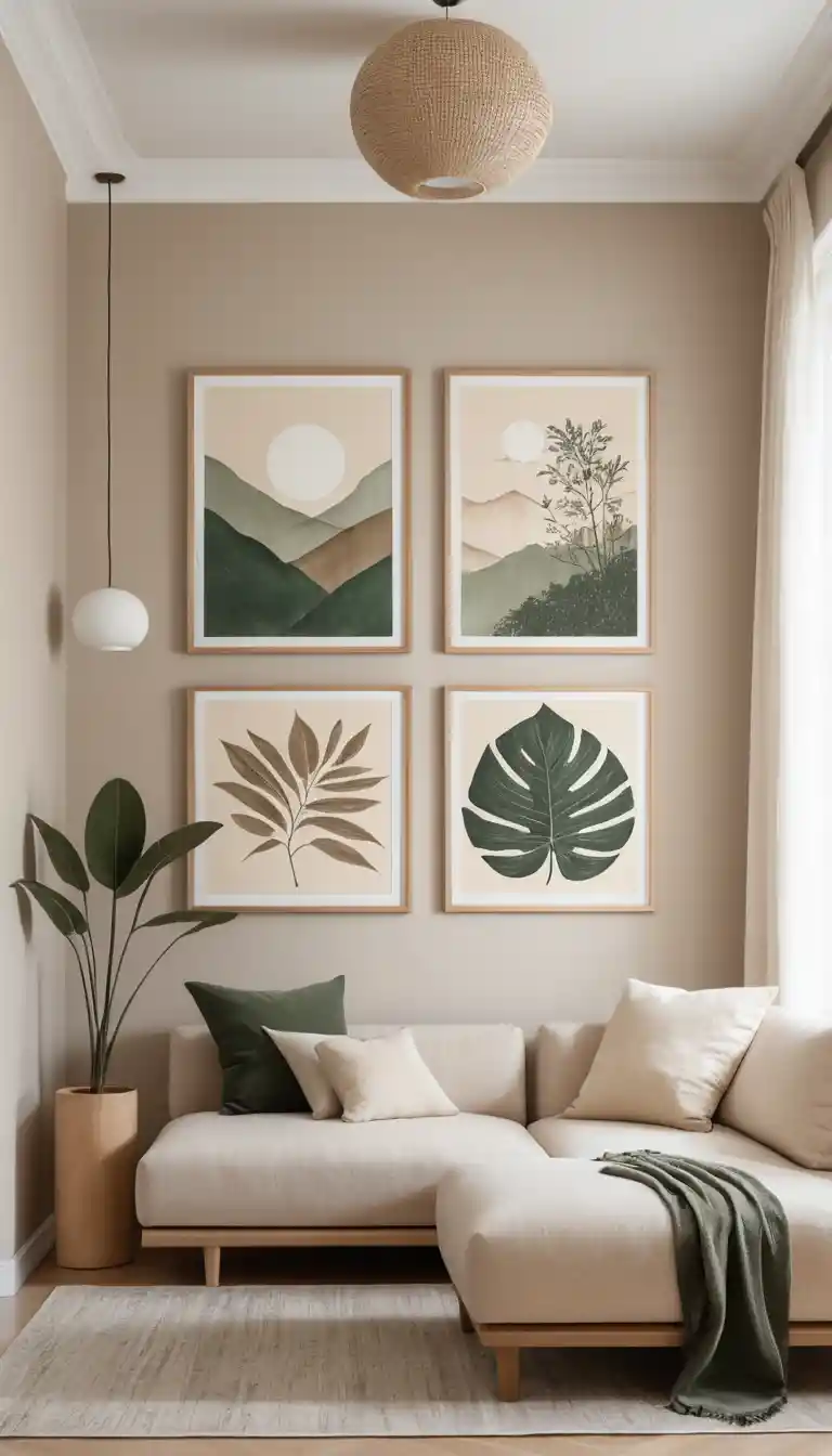 Minimal japandi lounge with framed botanical wall art