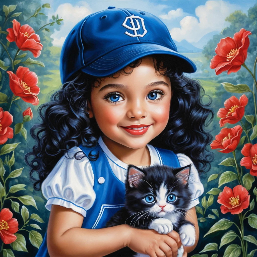 Smiling curly haired girl in navy cap with kitten