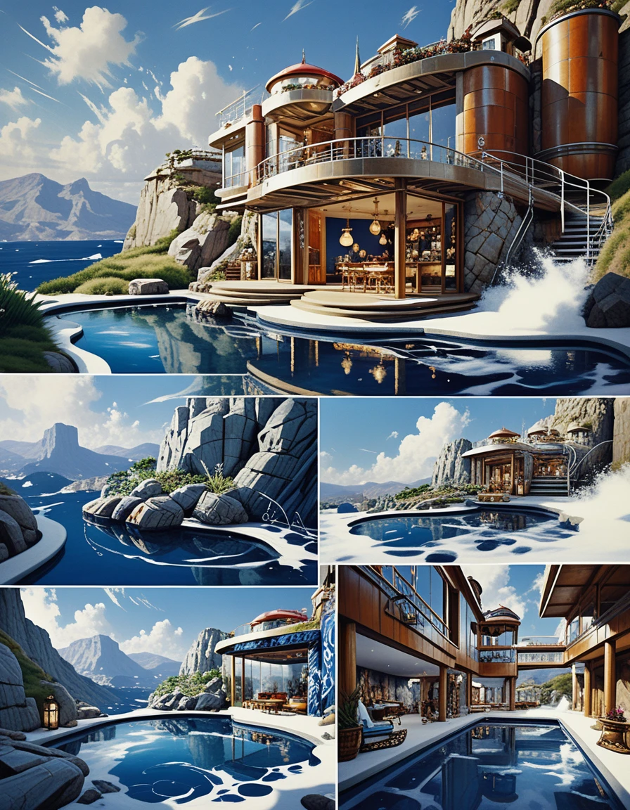 Luxury cave house in a lush fantasy mountain landscape