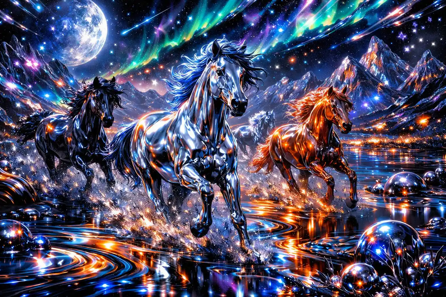 Cavalli selvaggi che corrono attraverso un paesaggio metallico luminoso