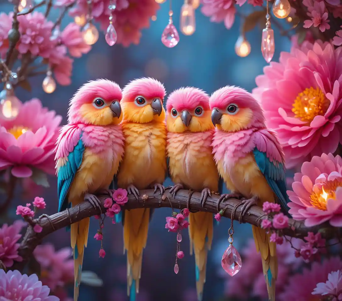 Four colorful parrots on a floral fantasy branch