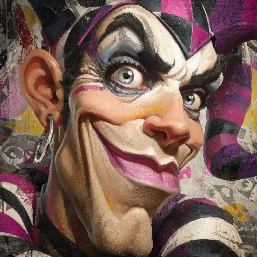Colorful jester inspired portrait of a laughing handsome man