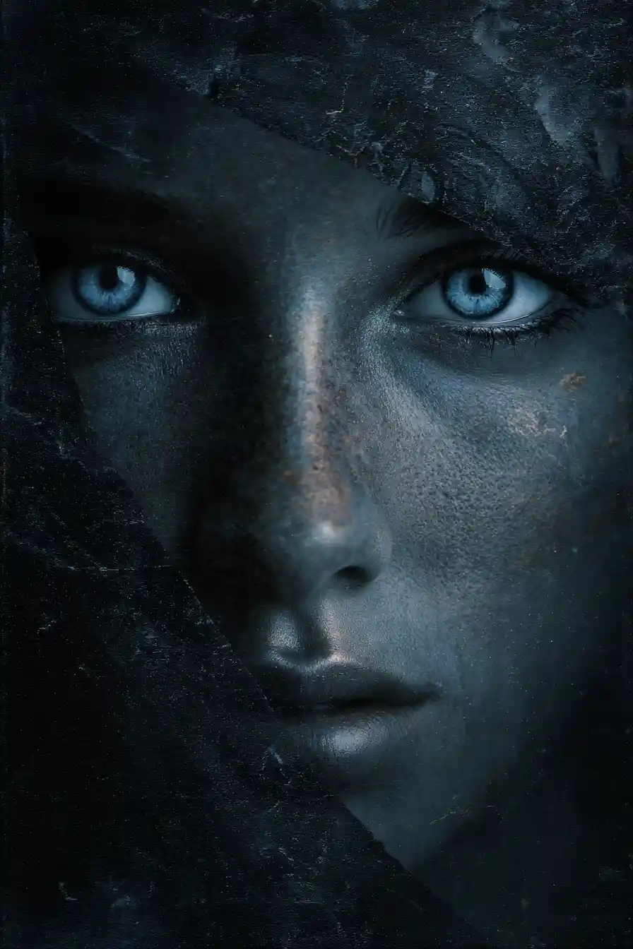 Dark fantasy portrait of a woman with glowing mechanical eyes