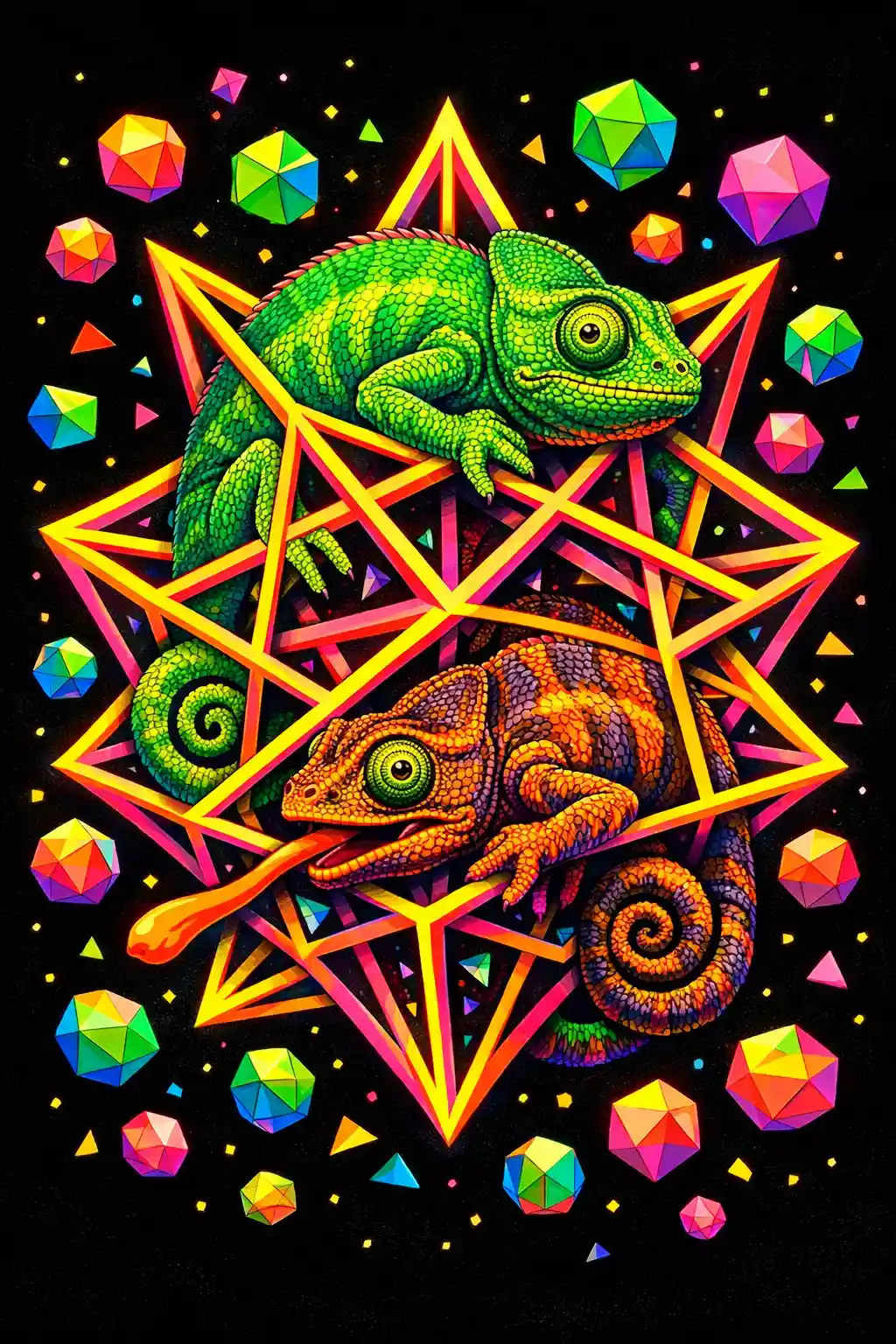 Psychedelic chameleons within a neon geometric star structure