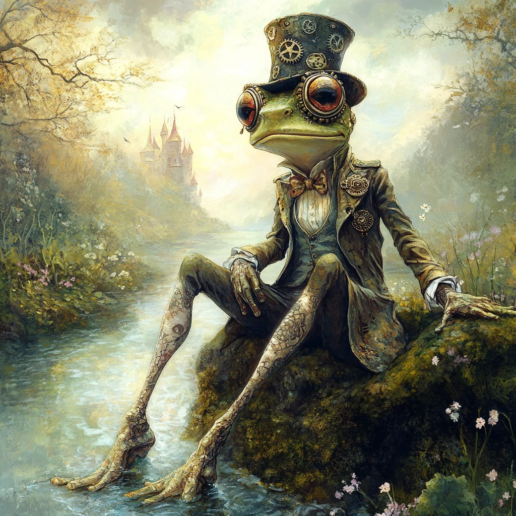 Dapper frog gentleman on a mossy rock by the river