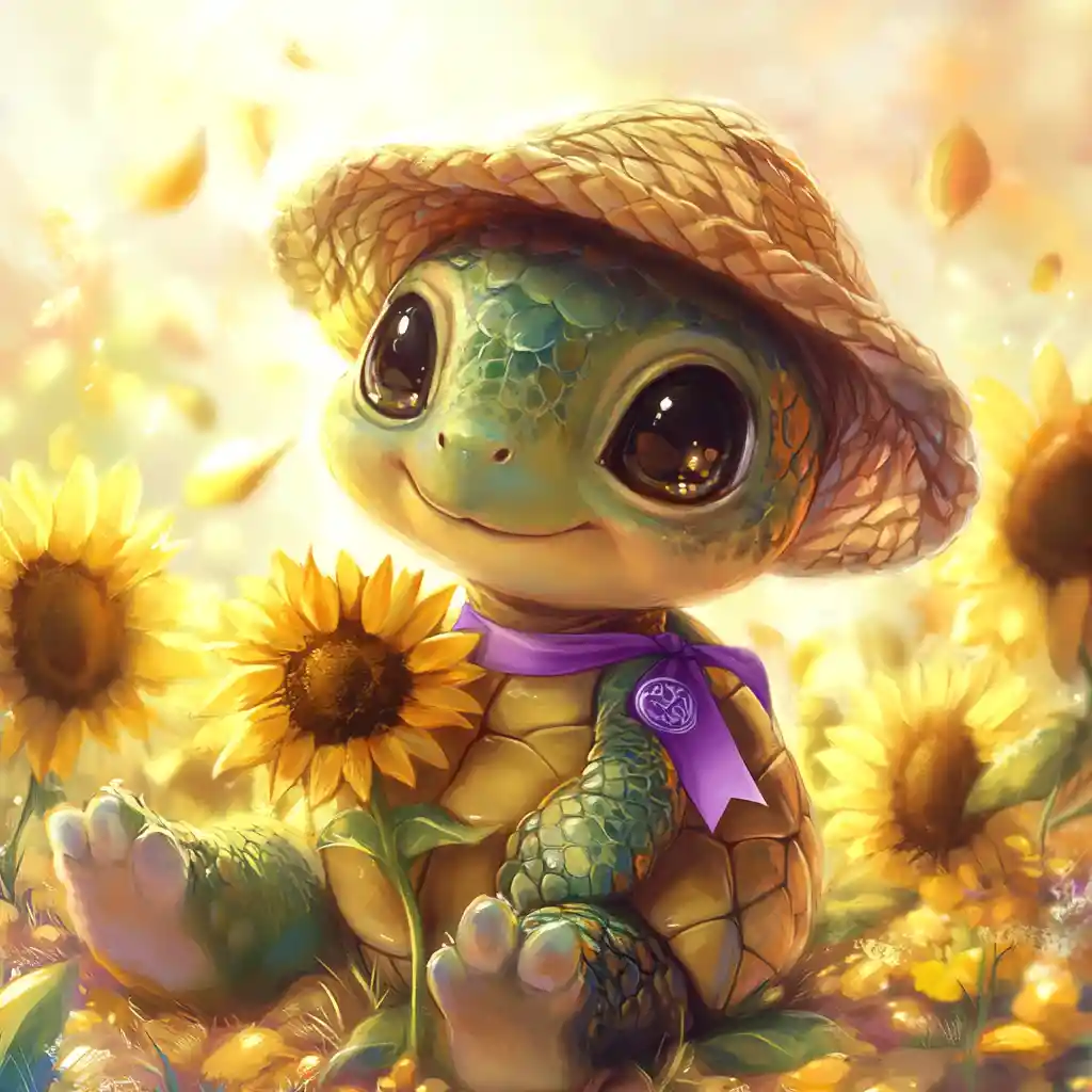 Cute baby turtle in a sunflower field with straw hat