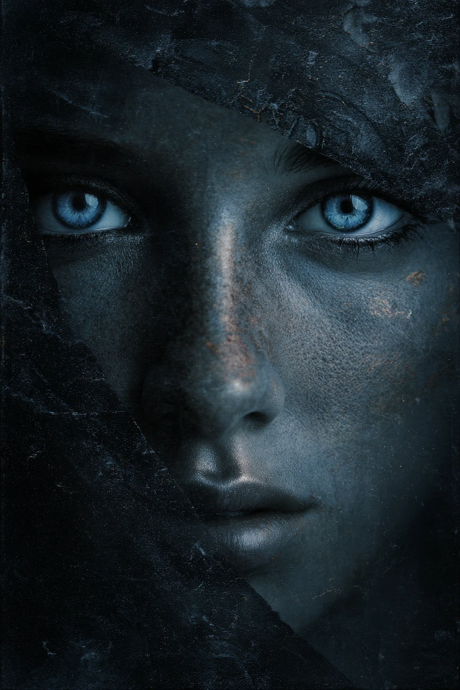 Dark fantasy portrait of a woman with glowing mechanical eyes