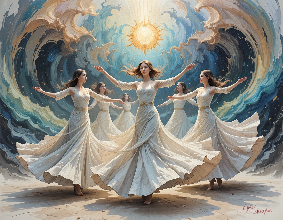 Whirling dervish dancers in flowing robes with surreal sketch colors