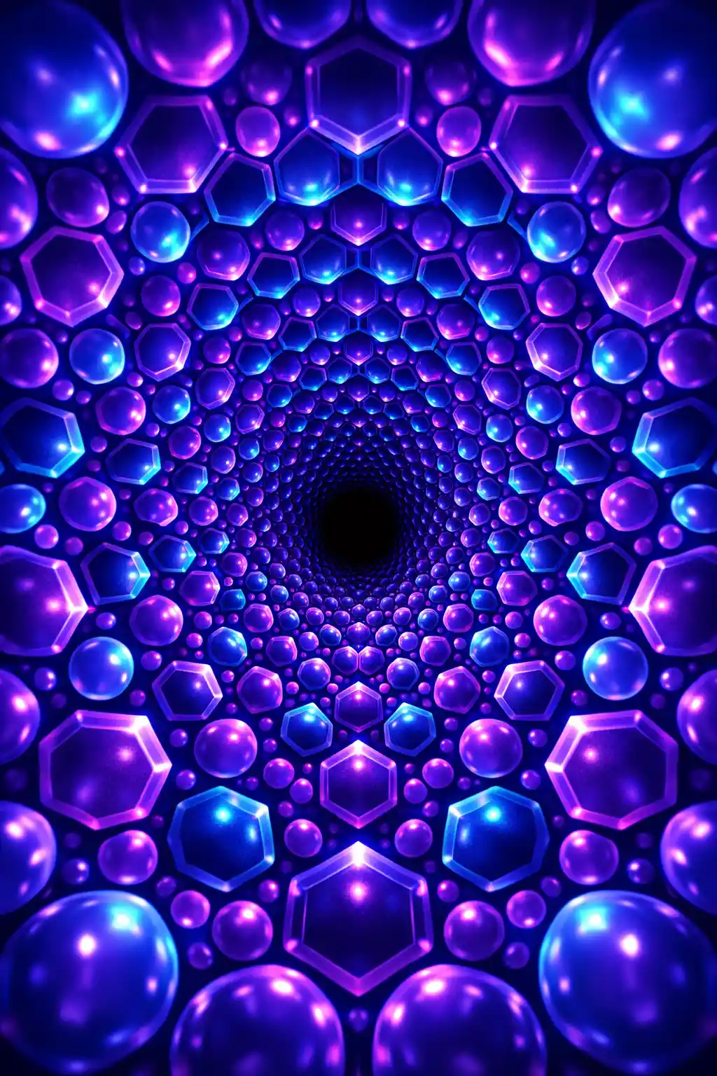 Glowing blue and purple geometric tunnel into darkness