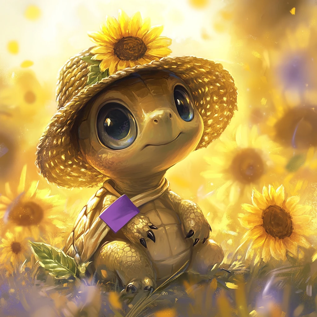 Cute baby turtle in a sunflower field with straw hat