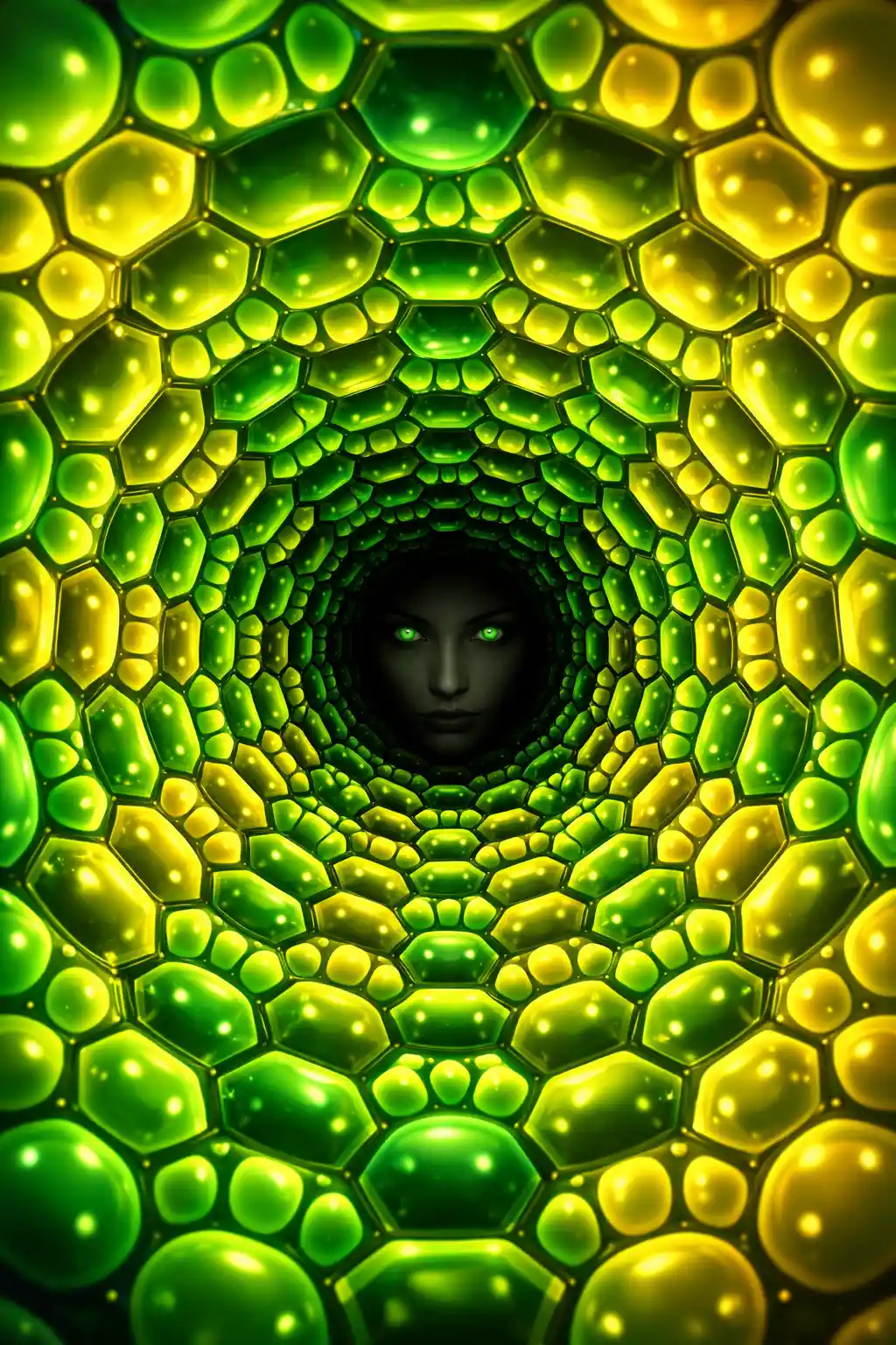 Surreal woman in glowing green fractal tunnel portal