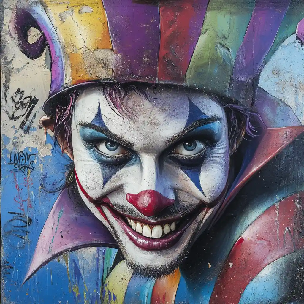 Colorful jester inspired close up portrait of a laughing man