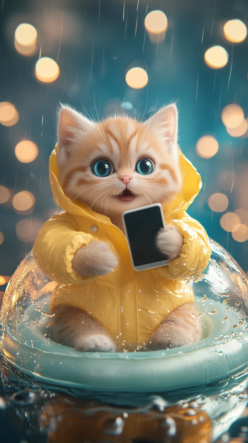 Cute kitten in yellow raincoat on inflatable ring