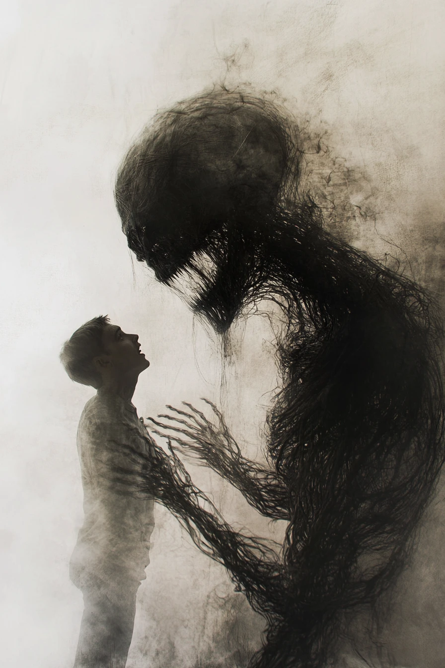 Surreal human figure straining against an unseen iron cage
