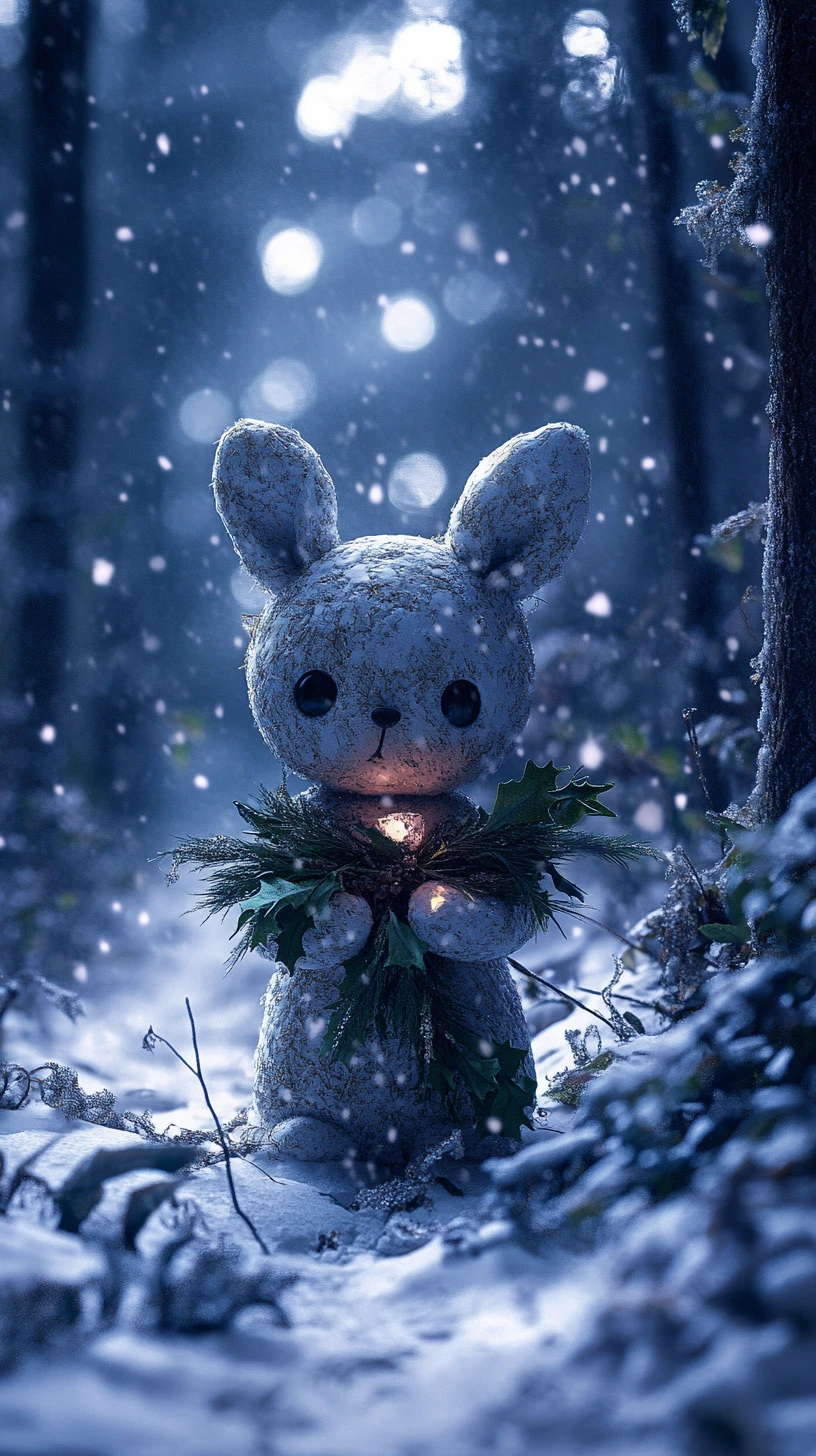 Macabre plush toy in a corrupted winter forest night