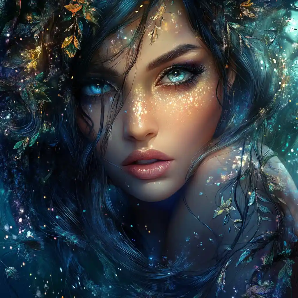 Elegant woman portrait with hair transforming into forest