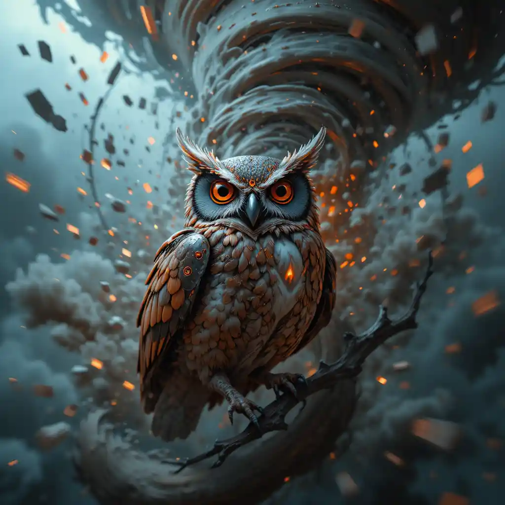 Steampunk owl swirling within a spectral tornado of motion