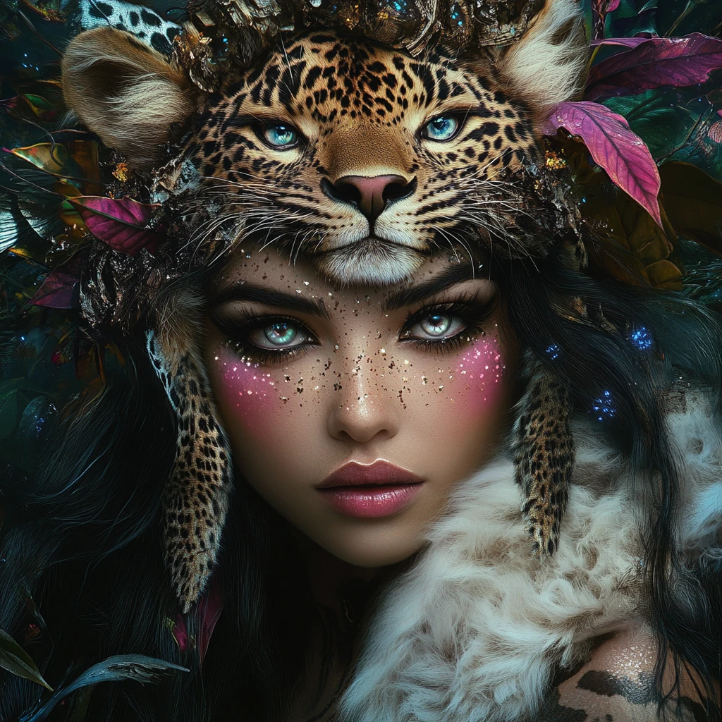 Wild fantasy woman in leopard headdress among glowing flowers