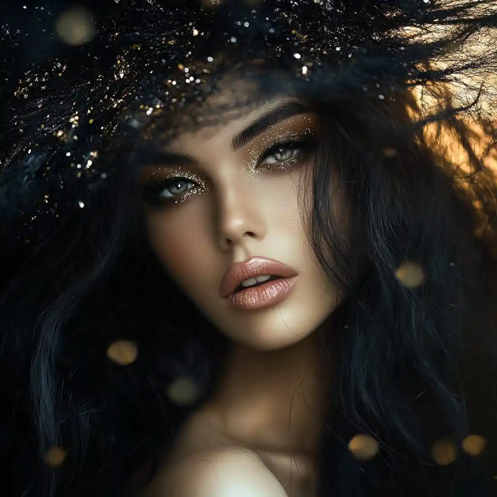 Elegantes Frauenporträt mit Haaren, die sich in einen Wald verwandeln